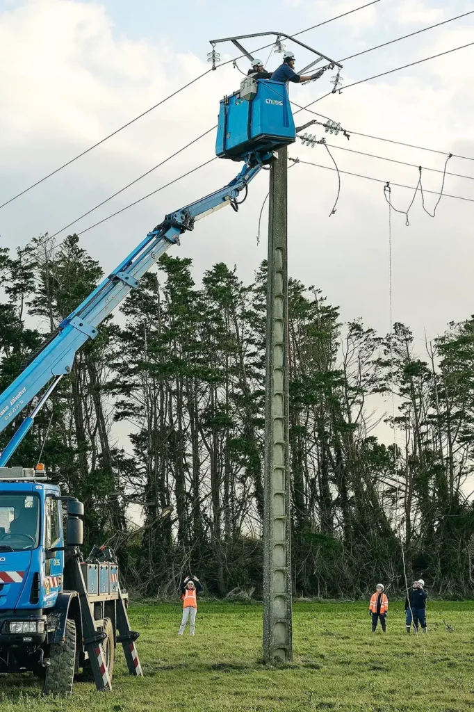 Techniciens Enedis en nacelle pendant la tempête Ciaran, plan large